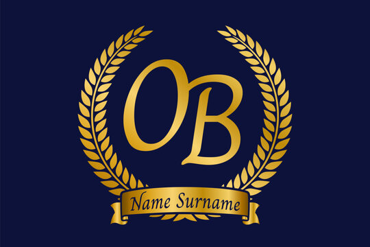 Initial letter O and B, OB monogram logo design with laurel wreath. Luxury golden calligraphy font.