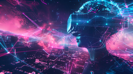 A futuristic scene of virtual reality and artificial intelligence, with glowing holographic data streams forming the silhouette of an AI robot head interacting in digital space over a cityscape