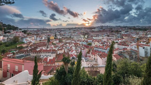 Panorama showing aerial cityscape during sunset from Miradouro da Graca viewpoint in Lisbon city. Dramatic orange clouds over historic houses with red roofs at evening. Recently opened new funicular
