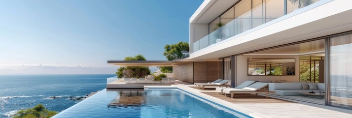 Modern Beach House with Sea View and Swimming Pool. A Luxury Vacation Home or Hotel with 3D Illustration and Modern Architecture for Your Escape