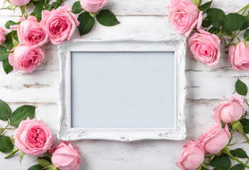Pink rose flowers with photo frame for text