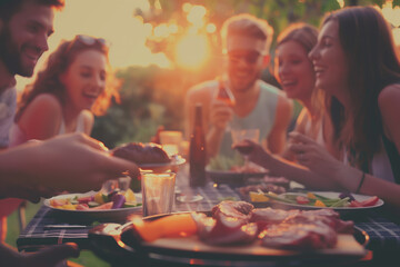 Friends enjoying a barbecue at sunset