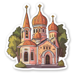 Fototapeta premium A sticker design of a traditional church with distinctive orange domes nestled amongst green trees, invoking a sense of spiritual peace and architectural beauty.