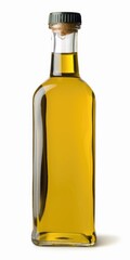 White Background Olive Oil Bottle for Salad Dressing in Bio Food Concept with Yellow Nourishment Up Close