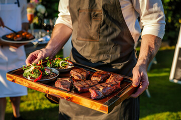 Waiter serving grilled steak and salad at an event - 776357326