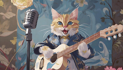 ギター弾きのネコ　AI画像　ジェネレーティブAI - obrazy, fototapety, plakaty