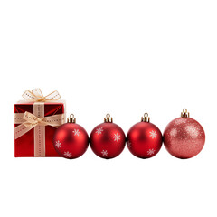 Red christmas balls with gift box isolated on transparent background