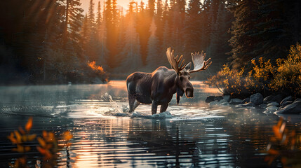 Elegant moose crossing a tranquil river, creating ripples in the crystal-clear water under the soft glow of the setting sun