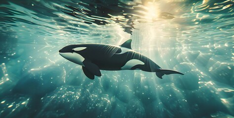 Elegant orca gracefully swimming through crystal-clear waters, with the sunlight casting mesmerizing patterns on its sleek black and white skin, against a blurred seascape