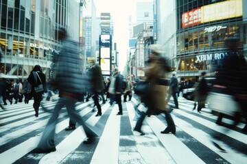 The energy of business people crossing a bustling city street motion blured