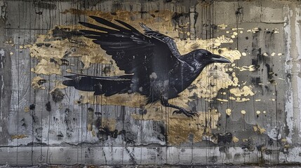 Naklejka premium Old concrete wall with a silhouette of a raven, golden elements.