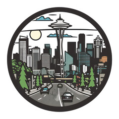 A sticker showcasing a stylized illustration of the Seattle skyline with the Space Needle, surrounded by evergreens, set within a circular frame.