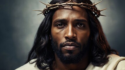 Portrait of a black Jesus Christ with a crown of thorns on his head. - obrazy, fototapety, plakaty