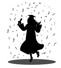 Graduation ceremony, silhouette of  jumpung graduate student with diploma on background of confetti. Vector illustration