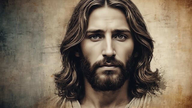 Portrait of Jesus Christ on abstract grunge background. Digital painting with copy space for text or image