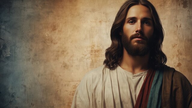 Portrait of Jesus Christ on abstract grunge background. Digital painting with copy space for text or image