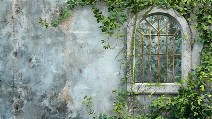 Old antique window on an old concrete wall, green plants.