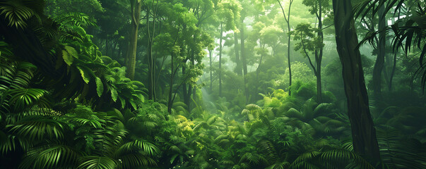 Fototapeta na wymiar Dense jungle, wild forest with trees and tropical plants, green wilderness, adventure on rainforest, panoramic, generative ai