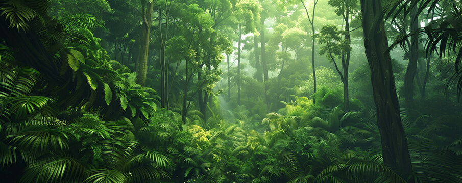 Fototapeta Dense jungle, wild forest with trees and tropical plants, green wilderness, adventure on rainforest, panoramic, generative ai