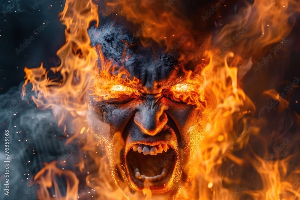 Wall mural fiery face with orange flame symbol of rage