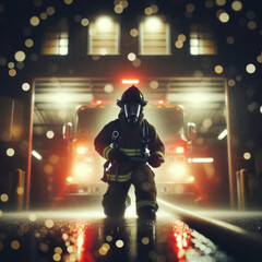Fireman in action blured fire house bokeh background. ai generative