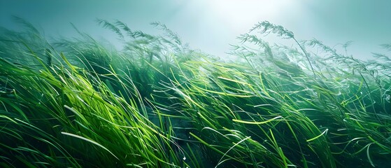 Swirling Seagrass Sways Underwater in Harmony with Ocean Currents. Concept Underwater nature, Seagrass movement, Marine ecosystem, Ocean currents, Underwater photography