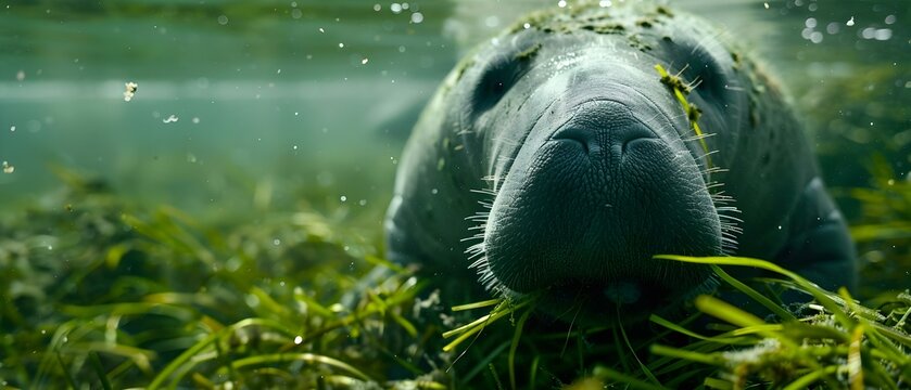 Manatee eating seagrass up close. Concept Manatee Behavior, Seagrass Diet, Marine Mammals, Underwater Ecosystems