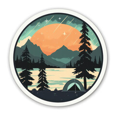 Stylized Camping Scene Sticker with Tent, Lake, and Mountains Under a Starry Sky