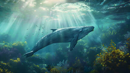 Fototapeta premium Graceful blue whale gliding beneath the surface, surrounded by vibrant underwater flora, with sunlight filtering through the waves above
