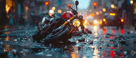 City street motorcycle accident scene with damaged bike and personal injury lawyer. Concept Motorcycle Accident, Damaged Bike, Personal Injury Lawyer, City Street, Legal Assistance