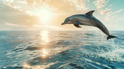 Graceful dolphin leaping from crystal-clear waters against a sunlit horizon, with tranquil seascape in the backdrop