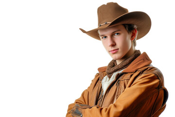 Fototapeta premium Pretty man in cowboy style in white background
