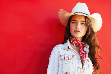 Pretty woman in cowboy style in red background