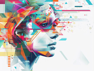 Colorful abstract energetic background with profile of woman's face and bright colored geometric shapes