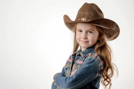 Pretty little girl in cowboy style in white background. Young cowgirl pose against white background