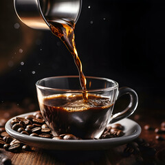 Coffee pouring into a cup with coffee beans on dark background