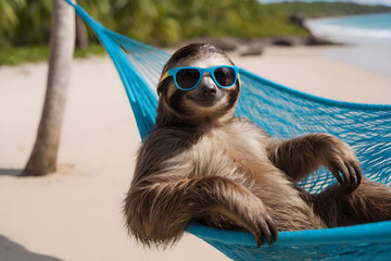 sloth in sunglasses resting in a hammock on the beach