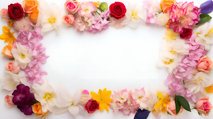 Frame made of colorful flowers on white background. Flat lay. top view