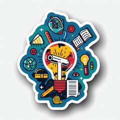 Vibrant Sticker Design Featuring a Lightbulb with Various Symbols of Creativity and Innovation
