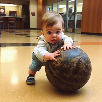 Baby is joyfully interacting with big ball, rolling it around and exploring its texture. Babys chubby hands and delighted expression show their excitement in playful activity. 