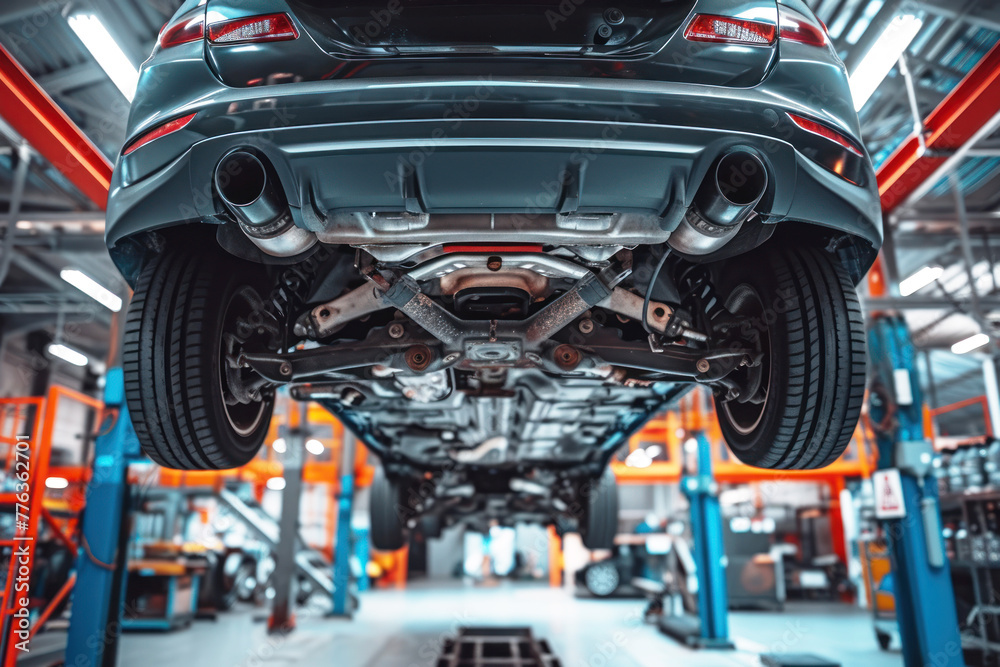 Wall mural undercarriage view of a car lifted for maintenance in a modern workshop