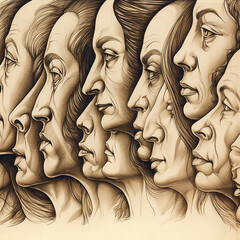 An artistic rendering showcases a series of human faces aligned side by side in profile, crafted with precise line work to accentuate their features. Transitioning expressions on each face create flow
