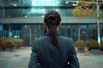 Fototapeta premium Woman in suit searching for job standing near office centre