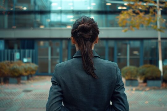 Woman in suit searching for job standing near office centre
