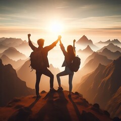 balade en montagne au couché de soleil , brume dans le fond ,  silhouette de couple vu de dos levant les bras