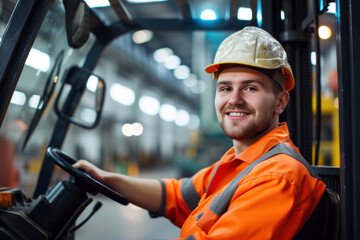 Fototapeta na wymiar Young smiling man driving a forklift in a factory or company wearing an orange outfit and a safety helmet