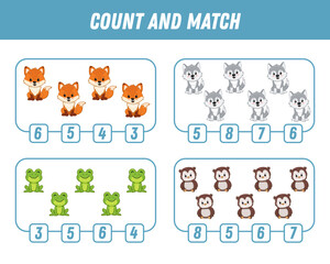 Education game for children count and match of cute cartoon animals, printable worksheet. Funny fox, wolf, frog, owl. Vector