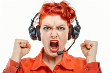 angry crazy call center worker person isolated on solid white background. - obrazy, fototapety, plakaty