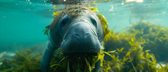 Close-up of a Manatee Feeding on Seagrass. Concept Marine Life, Manatees, Underwater Photography, Conservation, Seagrass Ecosystems - obrazy, fototapety, plakaty
