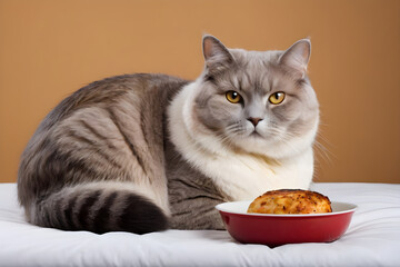 fat cat with a meat cutlet, unhealthy diet concept